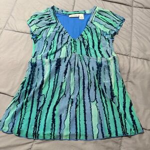 DKNY Jeans Womens Medium Green Blue Mesh V-Neck Lined Cap Sleeve Top KCMUA719